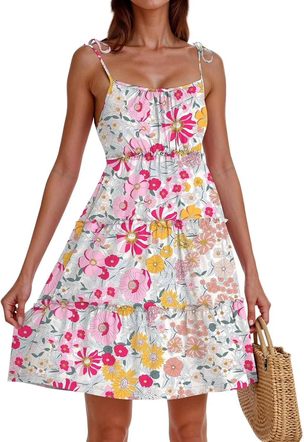 Floral Sun Dresses for Women 2025 Vacation Casual Summer Boho Mini Spaghetti Strap Dress Beach Tiered Flowy Dress