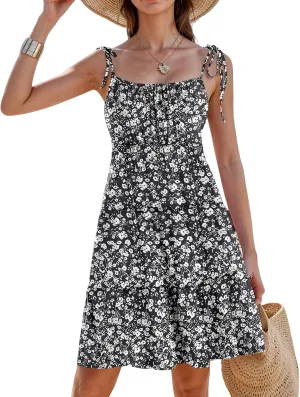 Floral Sun Dresses for Women 2025 Vacation Casual Summer Boho Mini Spaghetti Strap Dress Beach Tiered Flowy Dress