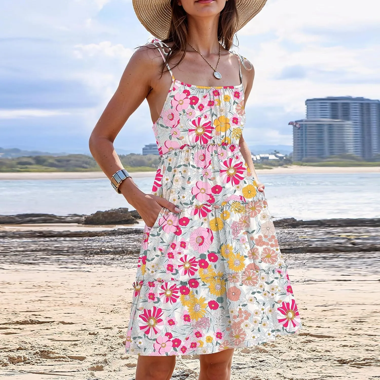 Floral Sun Dresses for Women 2025 Vacation Casual Summer Boho Mini Spaghetti Strap Dress Beach Tiered Flowy Dress