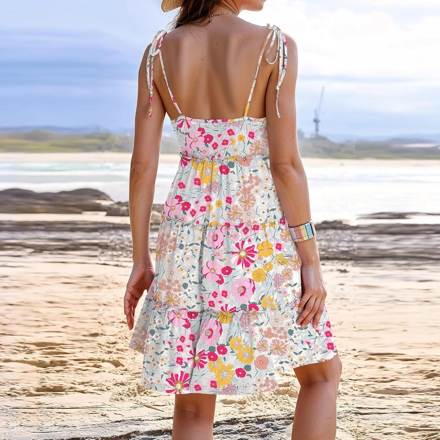 Floral Sun Dresses for Women 2025 Vacation Casual Summer Boho Mini Spaghetti Strap Dress Beach Tiered Flowy Dress