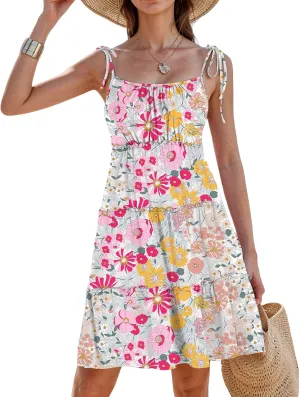 Floral Sun Dresses for Women 2025 Vacation Casual Summer Boho Mini Spaghetti Strap Dress Beach Tiered Flowy Dress