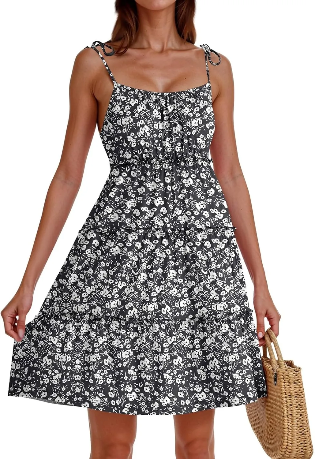Floral Sun Dresses for Women 2025 Vacation Casual Summer Boho Mini Spaghetti Strap Dress Beach Tiered Flowy Dress