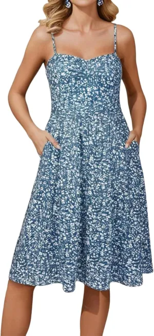 Floral Sundresses for Women 2025 Summer Midi Corset Boho Dresses Casual Spaghetti Straps Flowy Aline Vacation Beach Dress