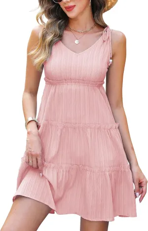 Gardenwed Women's Summer Tiered Sundress, V-Neck Sleeveless Ruffle Casual A-Line Beach Mini Dress with Shoulder Ties
