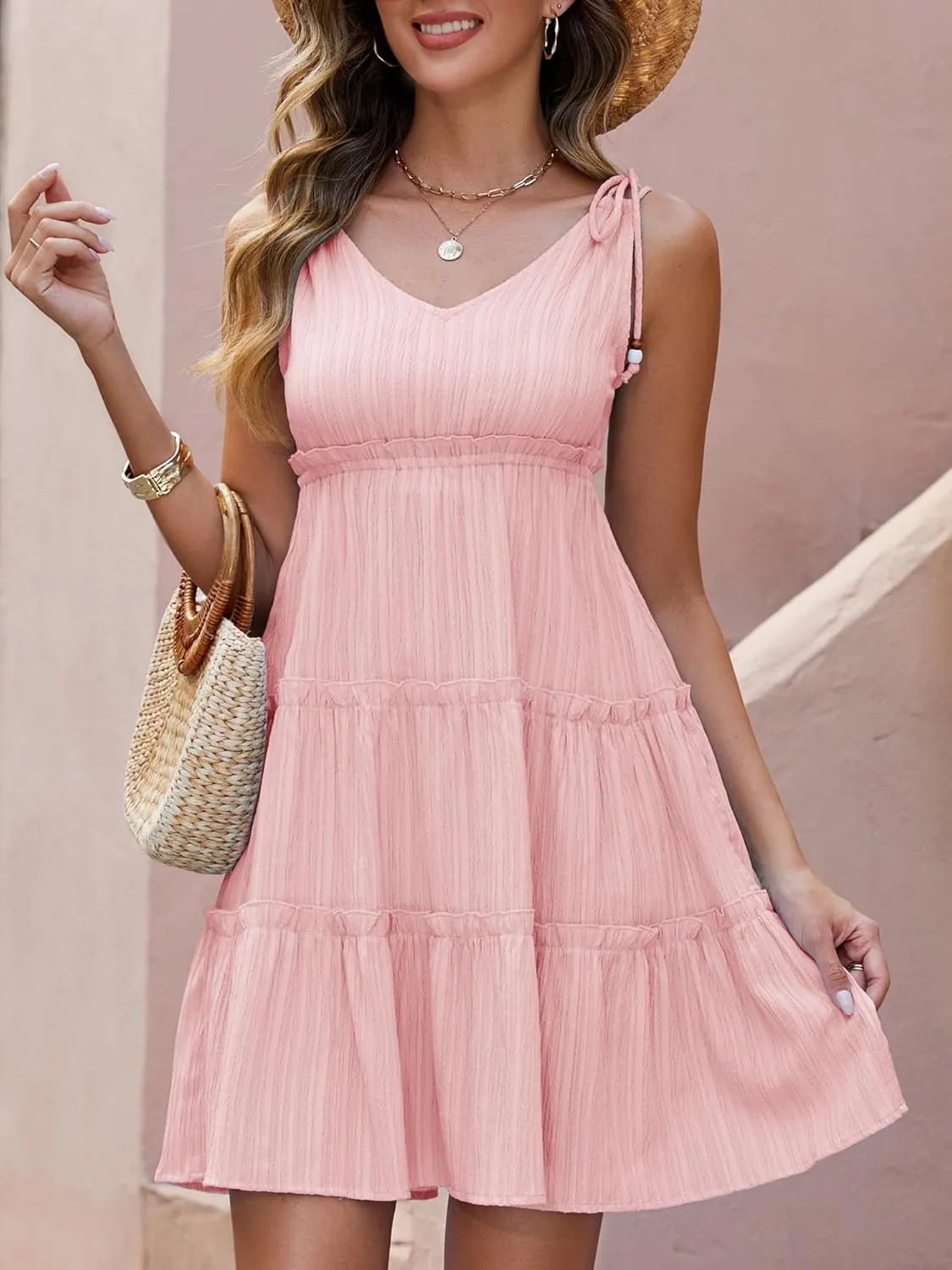 Gardenwed Women's Summer Tiered Sundress, V-Neck Sleeveless Ruffle Casual A-Line Beach Mini Dress with Shoulder Ties