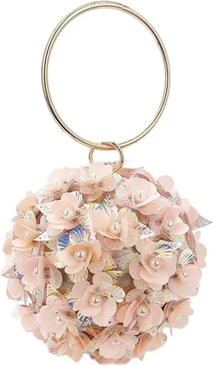 Glitter Floral Spherical Evening Clutch Purse for Women Sparkly Sequin Handbags Round Party Wedding Top Handle Bag