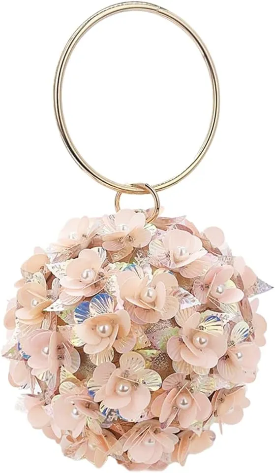 Glitter Floral Spherical Evening Clutch Purse for Women Sparkly Sequin Handbags Round Party Wedding Top Handle Bag
