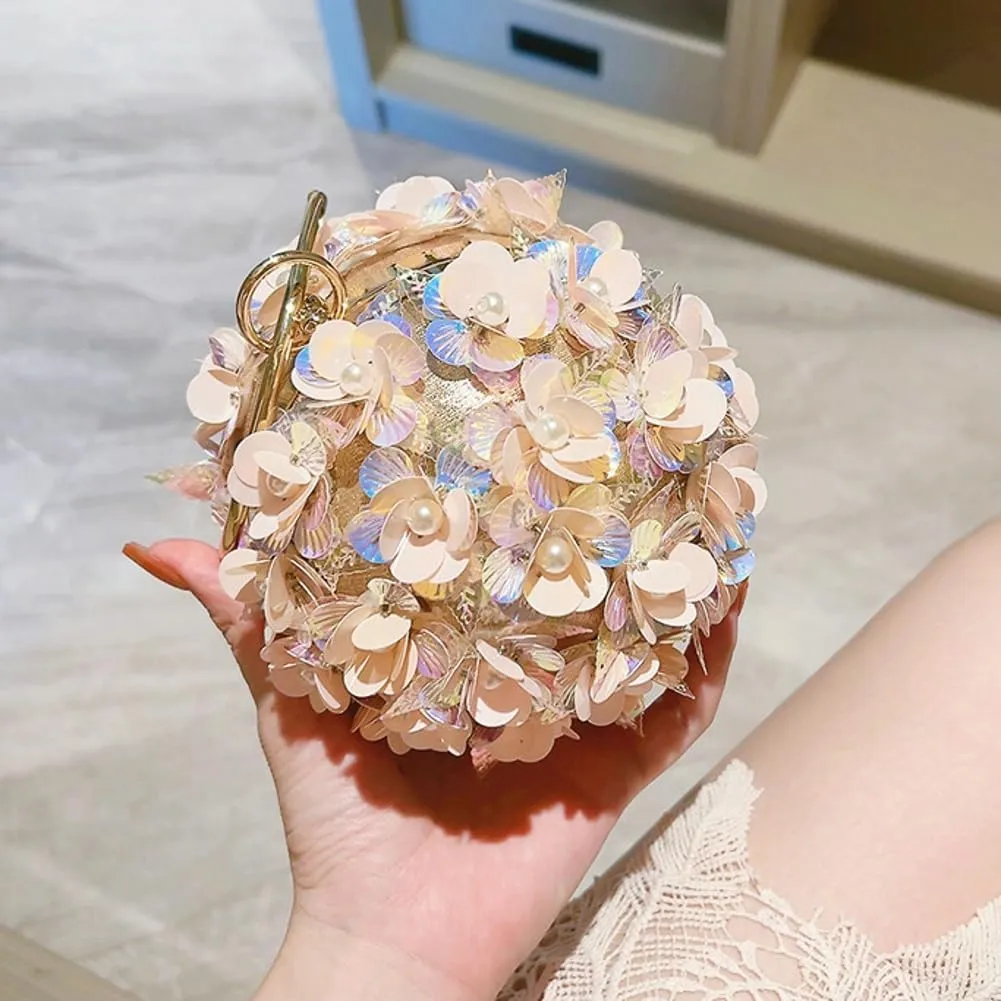 Glitter Floral Spherical Evening Clutch Purse for Women Sparkly Sequin Handbags Round Party Wedding Top Handle Bag