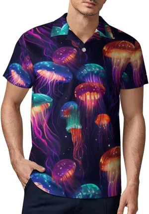 Glowing Colorful Jellyfish Men's Polo Shirt Short Sleeve Casual Athletic Quick Dry Golf T-Shirts