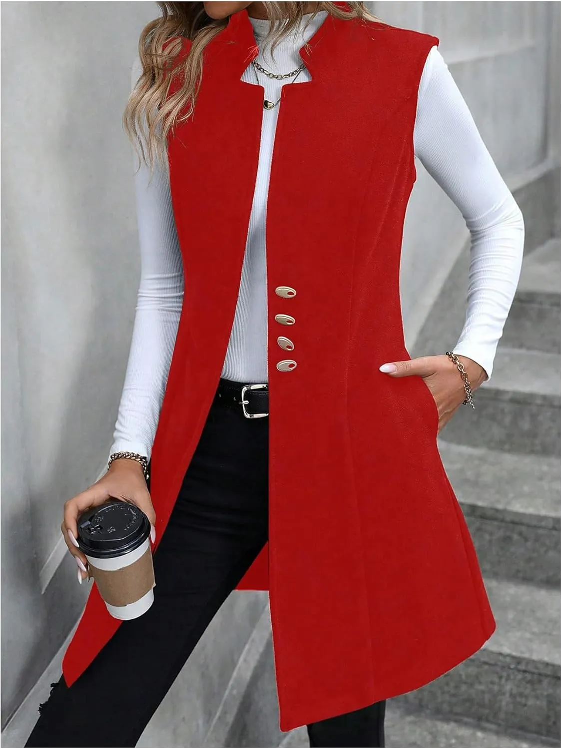 GORGLITTER Women's Elegant Notch Neck Open Front Blazer Sleeveless Work Cardigan Vest
