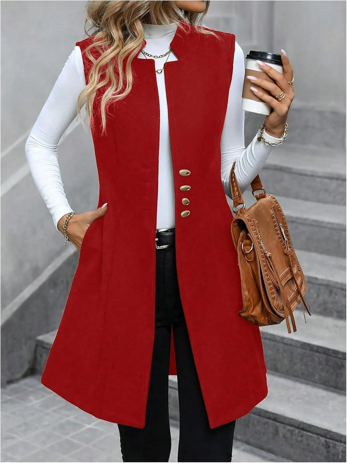 GORGLITTER Women's Elegant Notch Neck Open Front Blazer Sleeveless Work Cardigan Vest