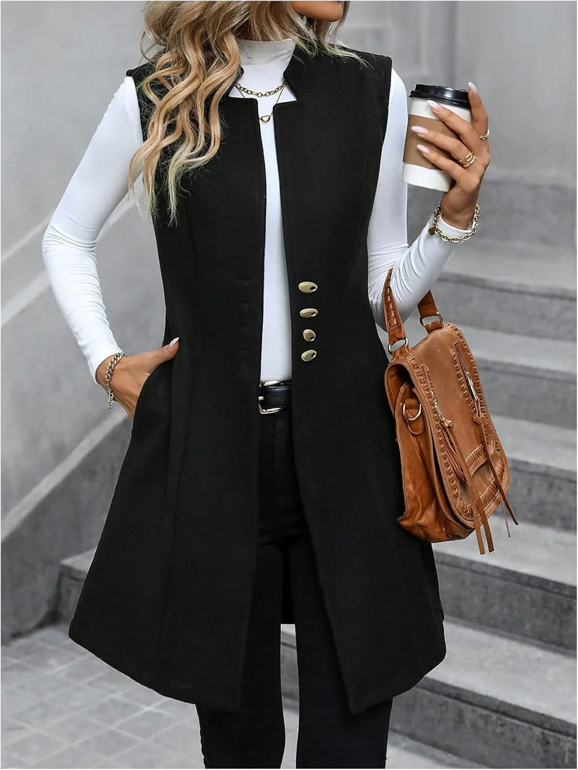 GORGLITTER Women's Elegant Notch Neck Open Front Blazer Sleeveless Work Cardigan Vest