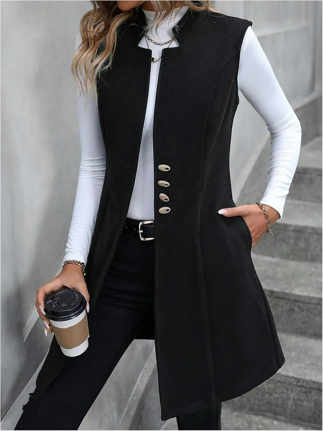 GORGLITTER Women's Elegant Notch Neck Open Front Blazer Sleeveless Work Cardigan Vest
