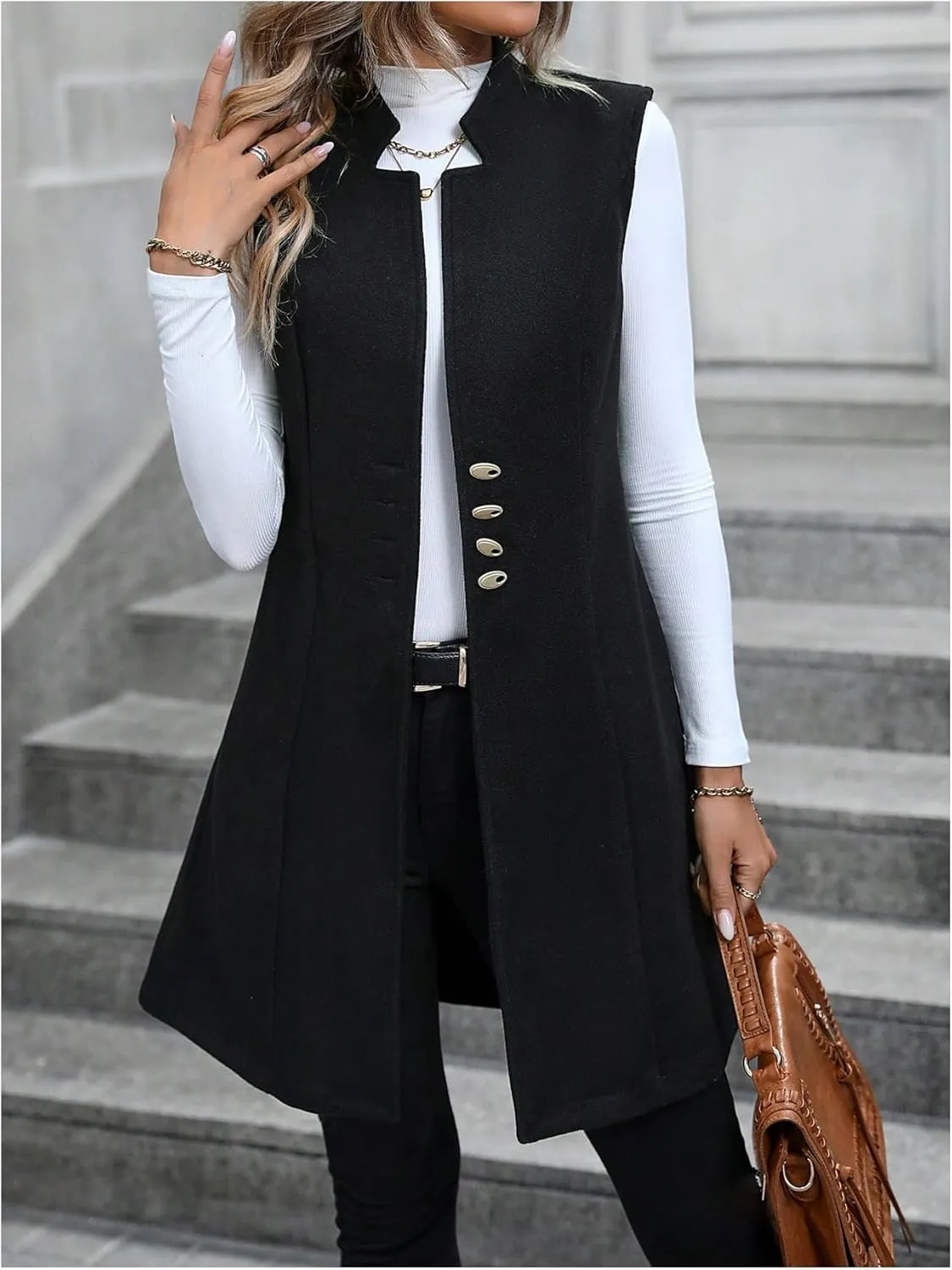 GORGLITTER Women's Elegant Notch Neck Open Front Blazer Sleeveless Work Cardigan Vest