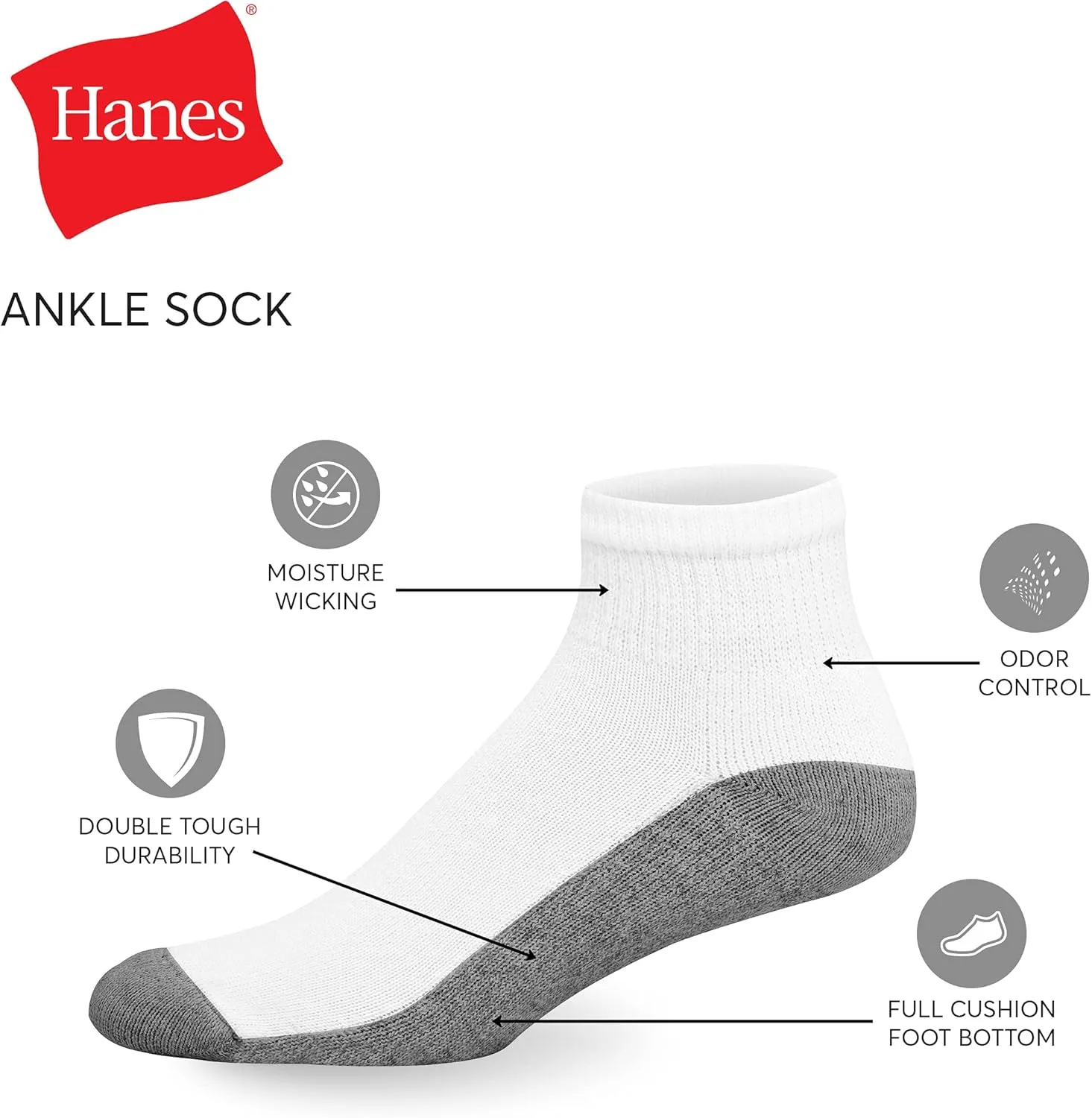 Hanes Men's Max Cushioned Ankle Socks, Moisture-Wicking with Odor Control, Multi-Pack, Size 6-12, Black & White