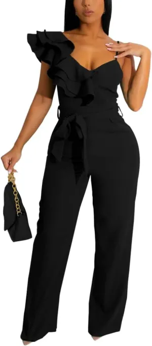 HBQ Womens Casual One Piece Jumpsuits V-Neck Sleeveless Ruffle Elegant Romper Wide Leg Pant Sexy Party Clubwear Overalls