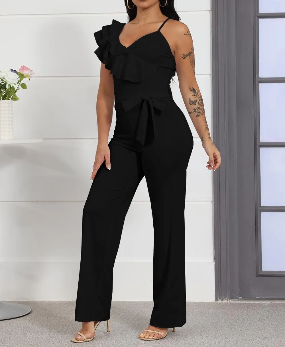 HBQ Womens Casual One Piece Jumpsuits V-Neck Sleeveless Ruffle Elegant Romper Wide Leg Pant Sexy Party Clubwear Overalls