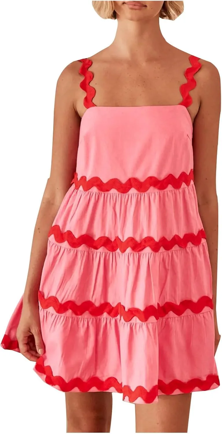 HGps8w 2025 Women's Summer Dress Square Neck Spaghetti Strap Dress Casual Sleeveless Boho Sundress A Line Tiered Beach Dress