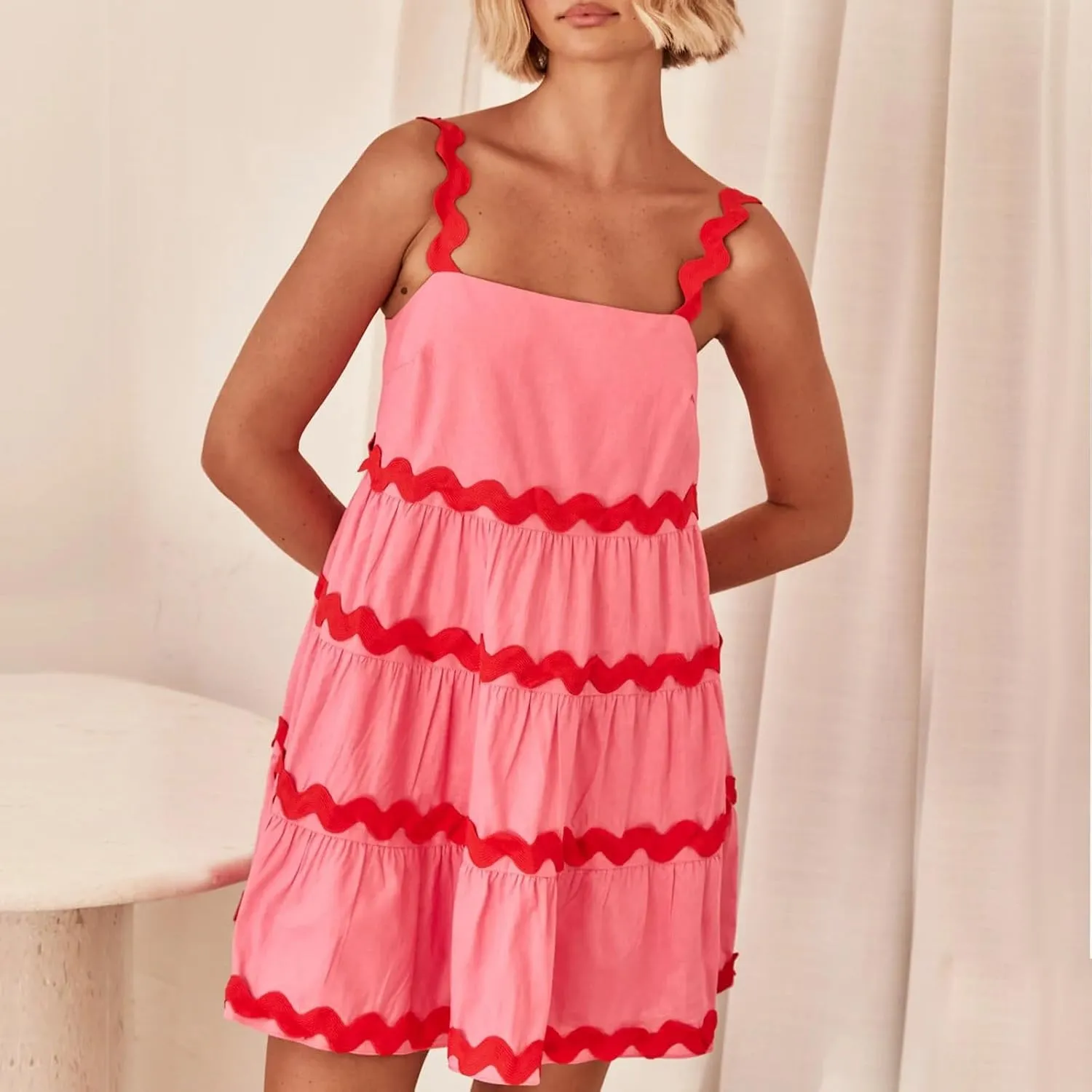 HGps8w 2025 Women's Summer Dress Square Neck Spaghetti Strap Dress Casual Sleeveless Boho Sundress A Line Tiered Beach Dress