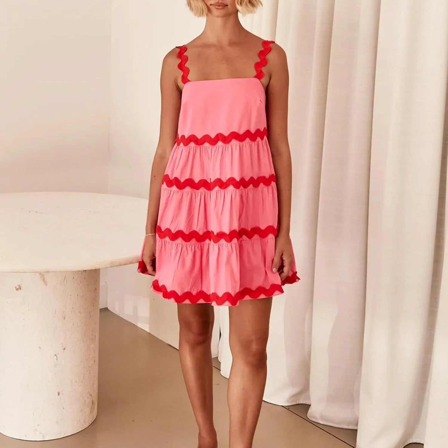 HGps8w 2025 Women's Summer Dress Square Neck Spaghetti Strap Dress Casual Sleeveless Boho Sundress A Line Tiered Beach Dress
