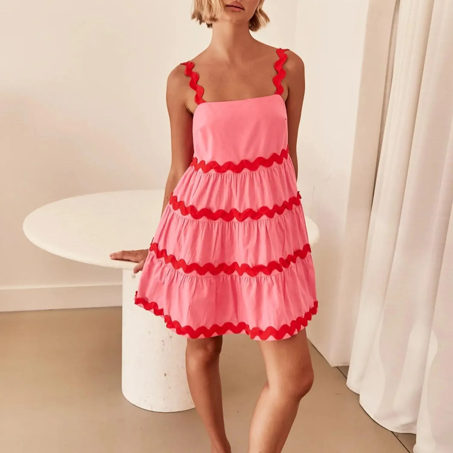 HGps8w 2025 Women's Summer Dress Square Neck Spaghetti Strap Dress Casual Sleeveless Boho Sundress A Line Tiered Beach Dress