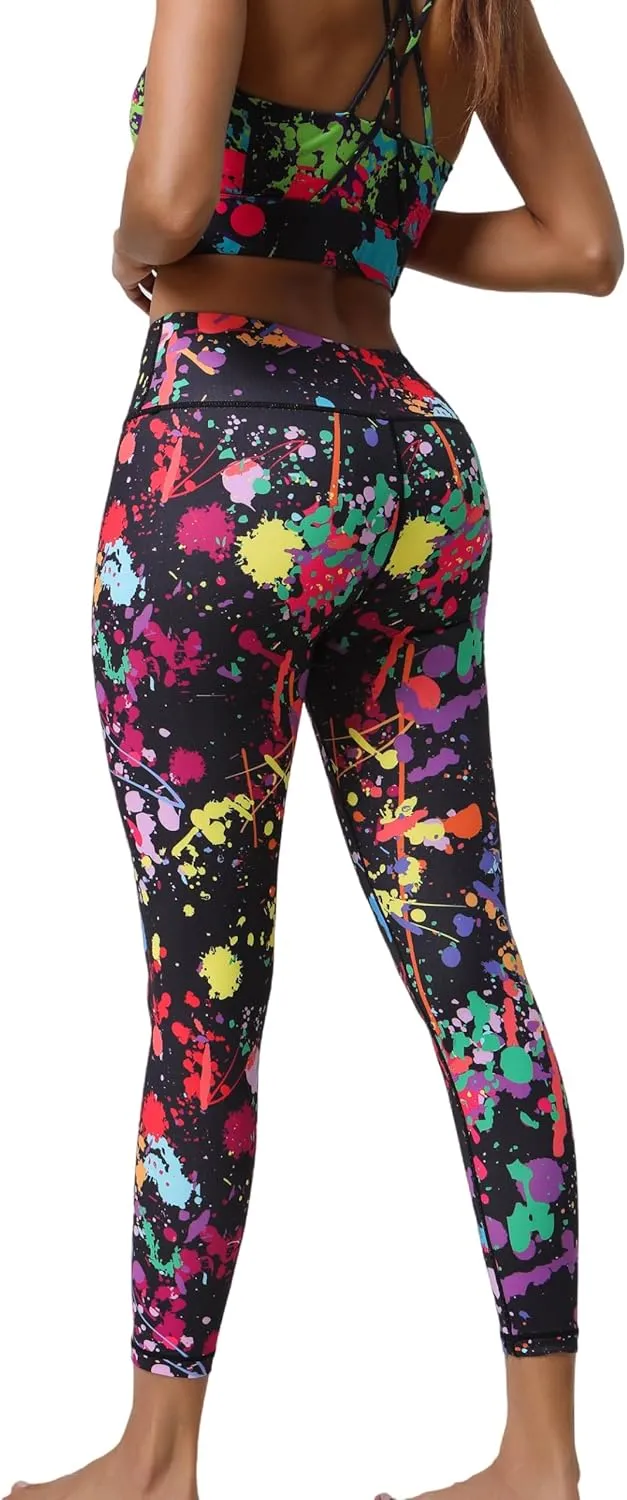 Hupplle 80s Leggings for Women 90s Neon Pants for Party High Waisted Buttery Soft Stretchy Yoga Workout Dance Tights