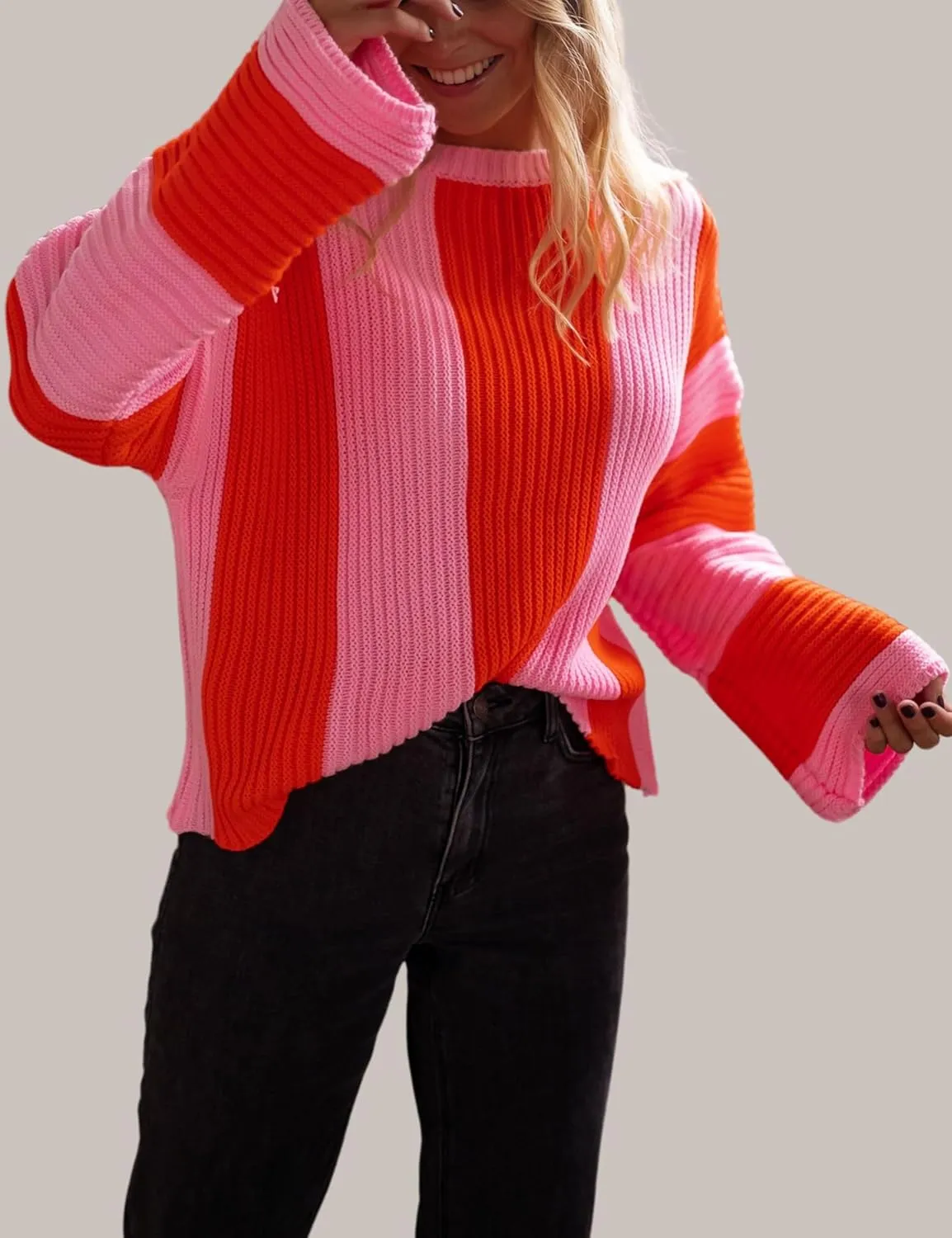 InterNos Womens Striped Bell Sleeve Pullover Sweater Loose Color Block Crew Neck Vertical Knitwear