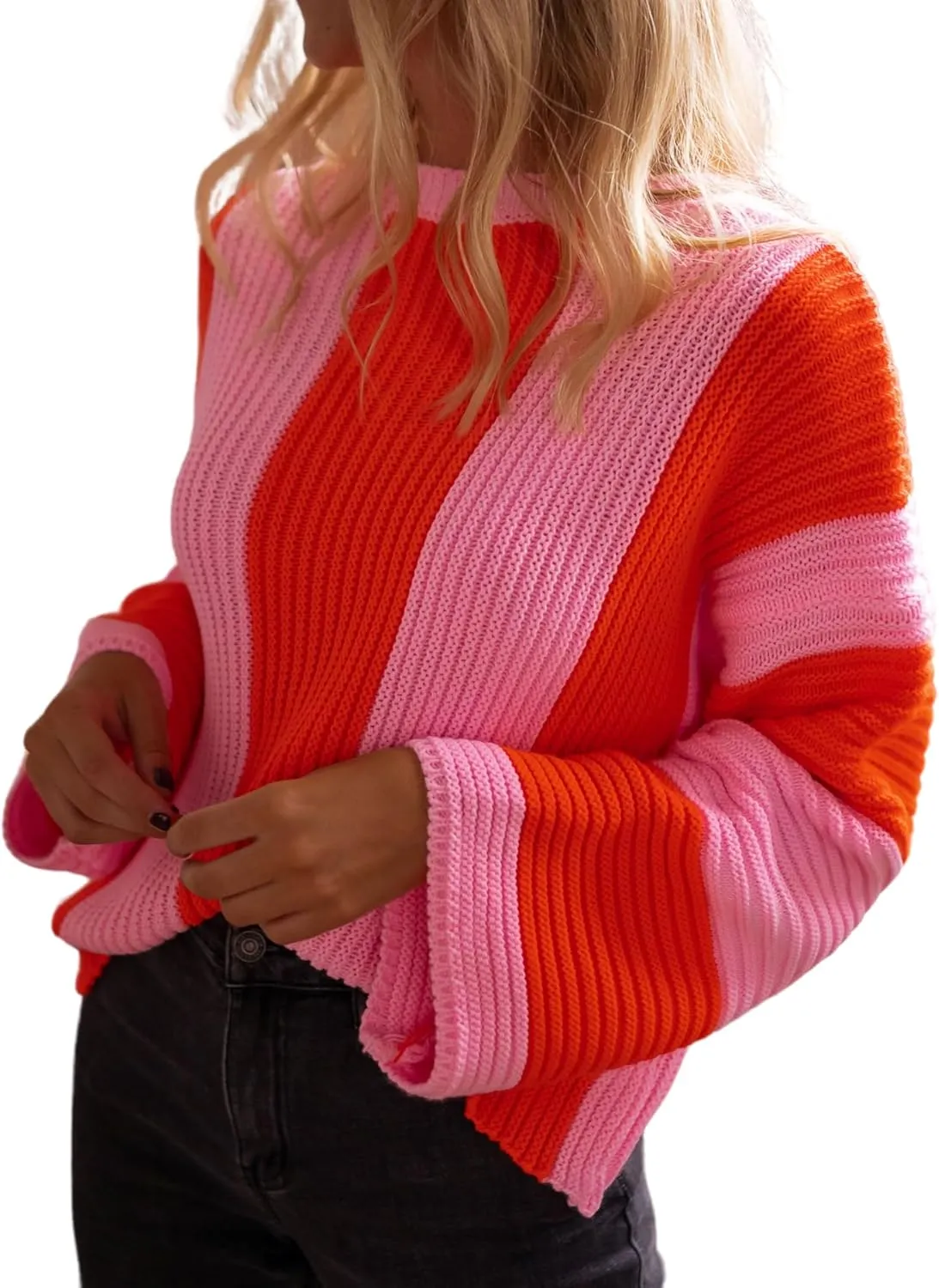 InterNos Womens Striped Bell Sleeve Pullover Sweater Loose Color Block Crew Neck Vertical Knitwear