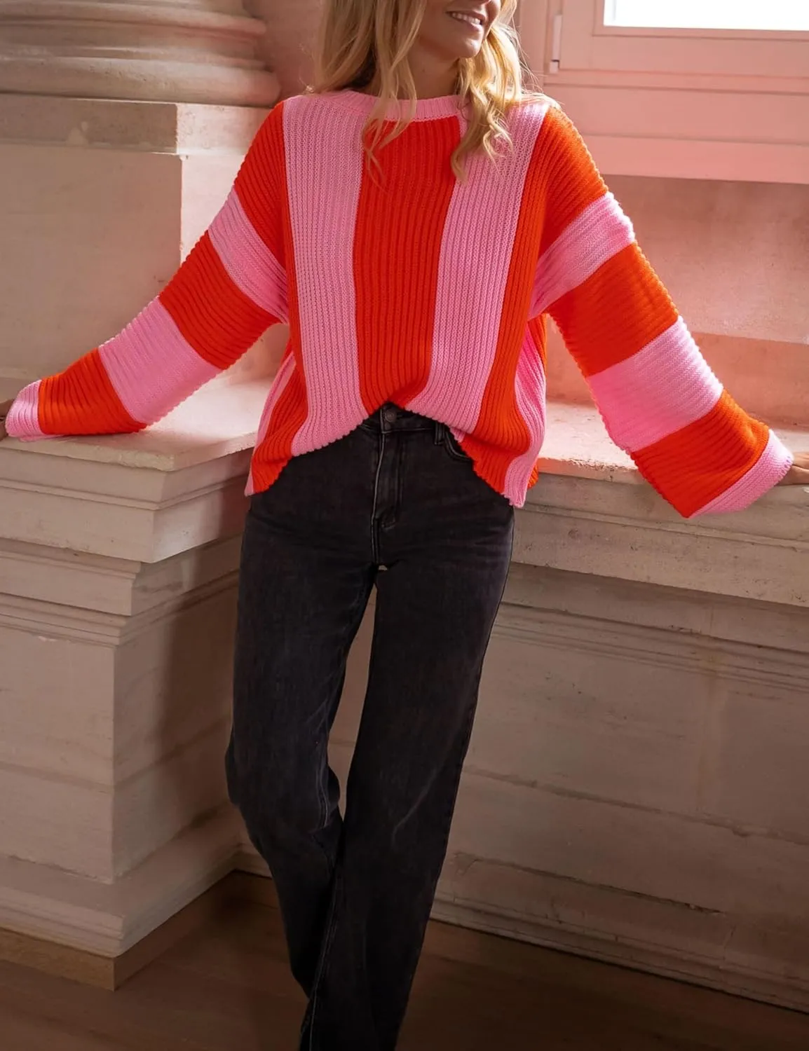 InterNos Womens Striped Bell Sleeve Pullover Sweater Loose Color Block Crew Neck Vertical Knitwear