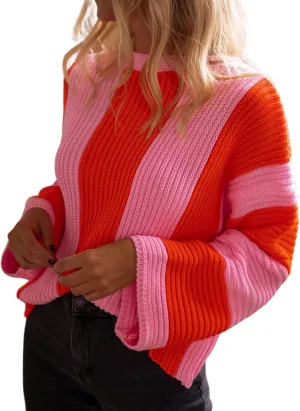 InterNos Womens Striped Bell Sleeve Pullover Sweater Loose Color Block Crew Neck Vertical Knitwear