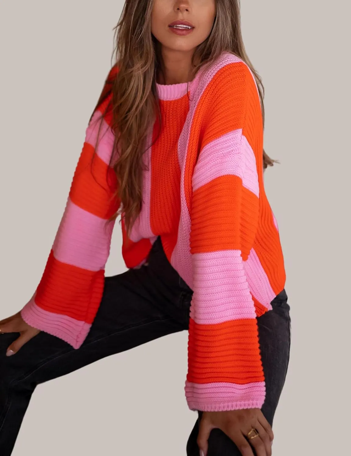 InterNos Womens Striped Bell Sleeve Pullover Sweater Loose Color Block Crew Neck Vertical Knitwear
