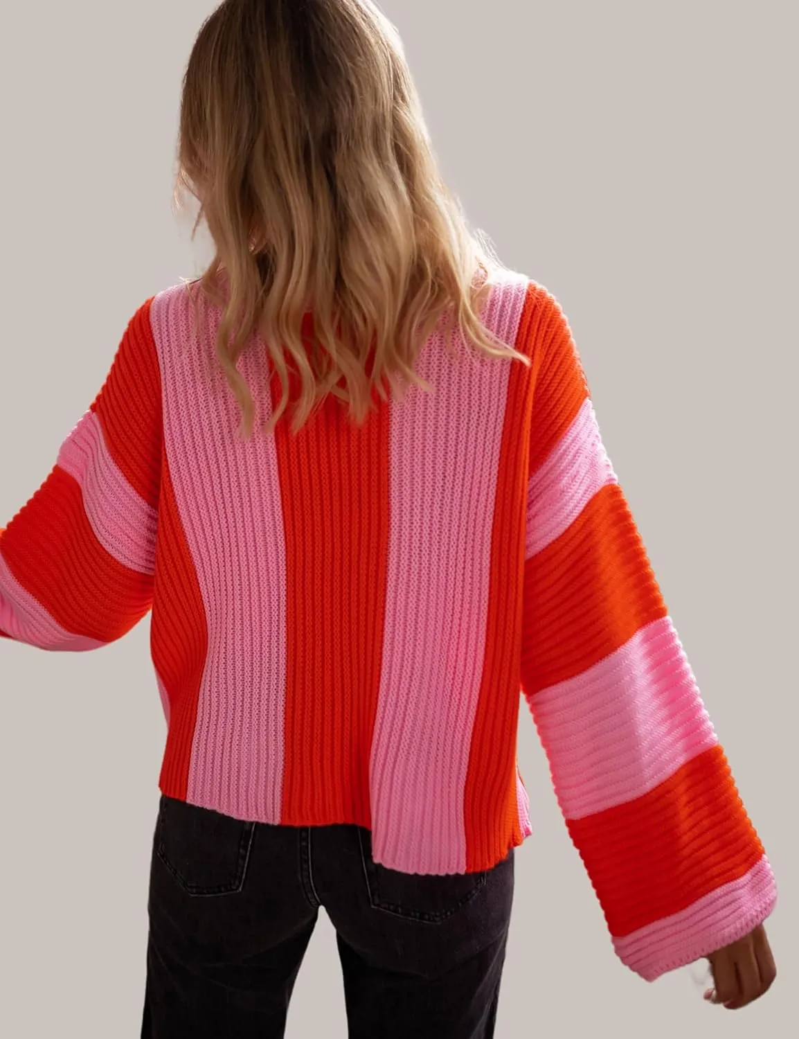 InterNos Womens Striped Bell Sleeve Pullover Sweater Loose Color Block Crew Neck Vertical Knitwear