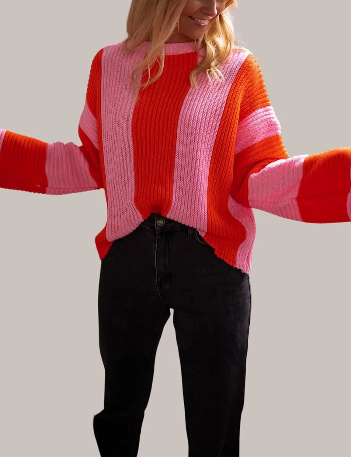 InterNos Womens Striped Bell Sleeve Pullover Sweater Loose Color Block Crew Neck Vertical Knitwear