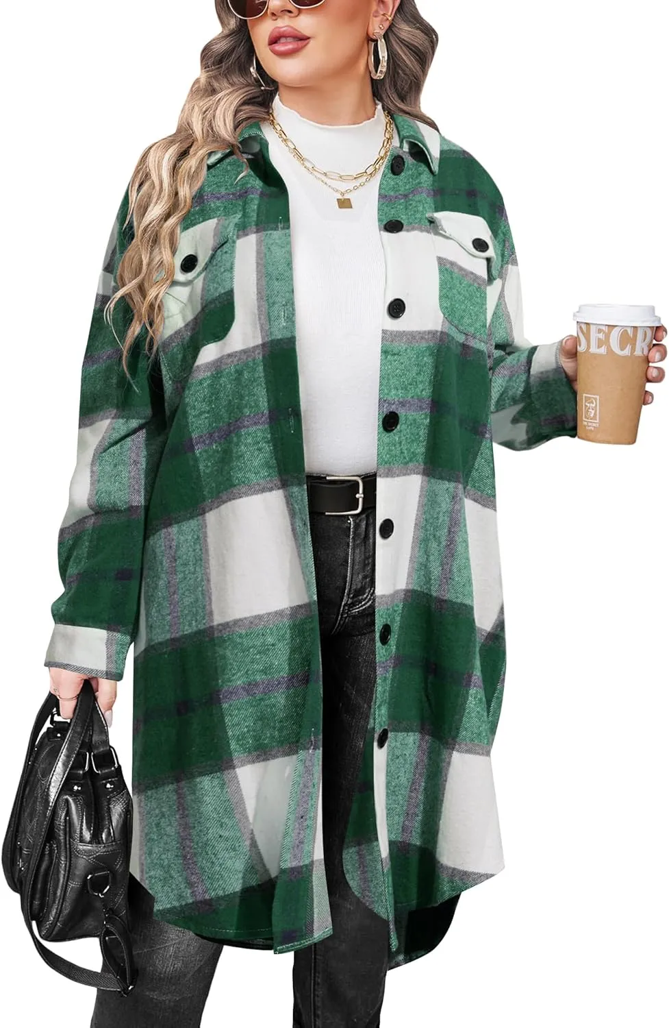 IN'VOLAND Womens Plus Size Flannel Plaid Shirts Long Sleeve Lounge Lapel Boyfriend Button Down Tartan Long Jacket Coats