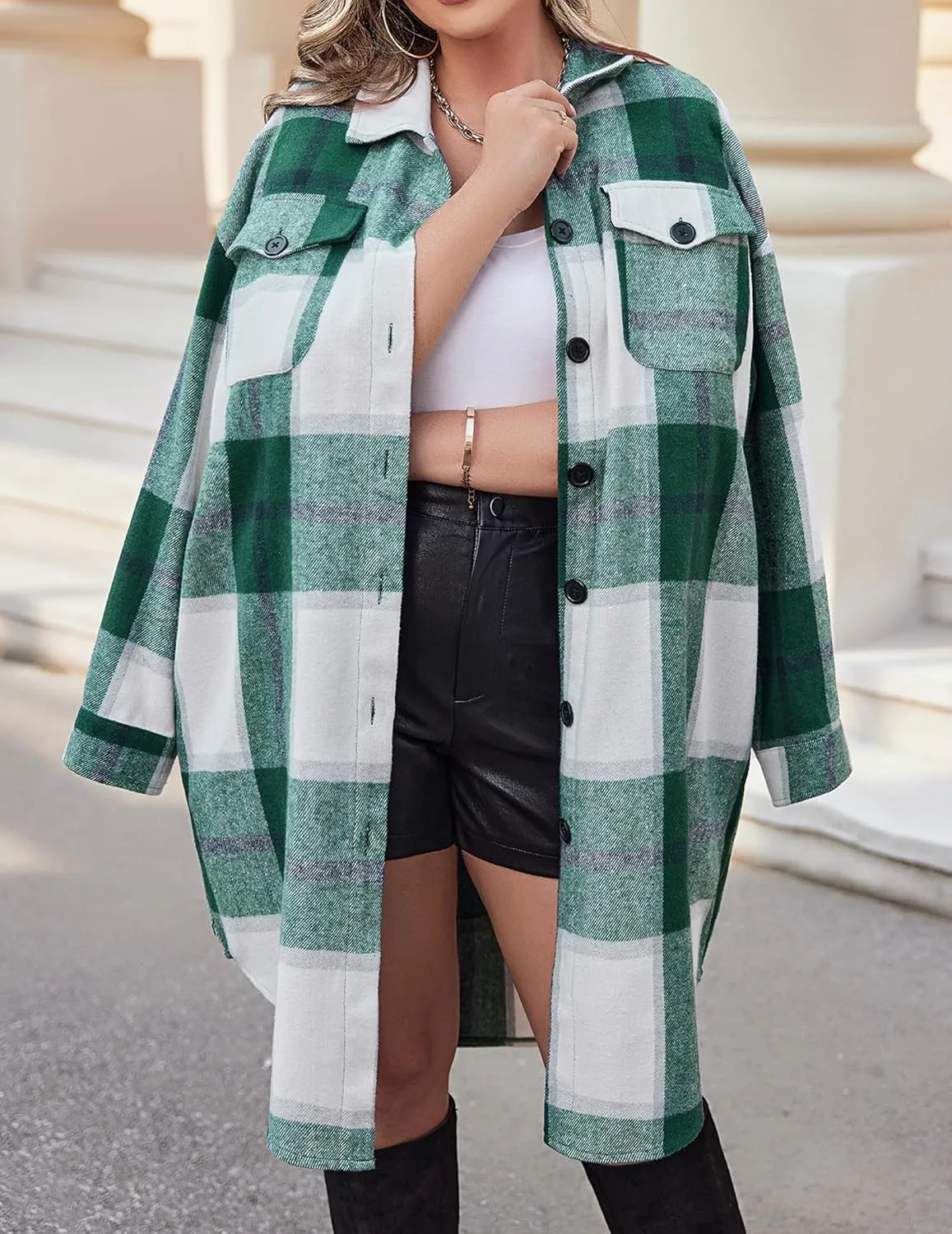 IN'VOLAND Womens Plus Size Flannel Plaid Shirts Long Sleeve Lounge Lapel Boyfriend Button Down Tartan Long Jacket Coats