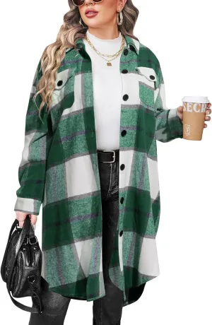 IN'VOLAND Womens Plus Size Flannel Plaid Shirts Long Sleeve Lounge Lapel Boyfriend Button Down Tartan Long Jacket Coats