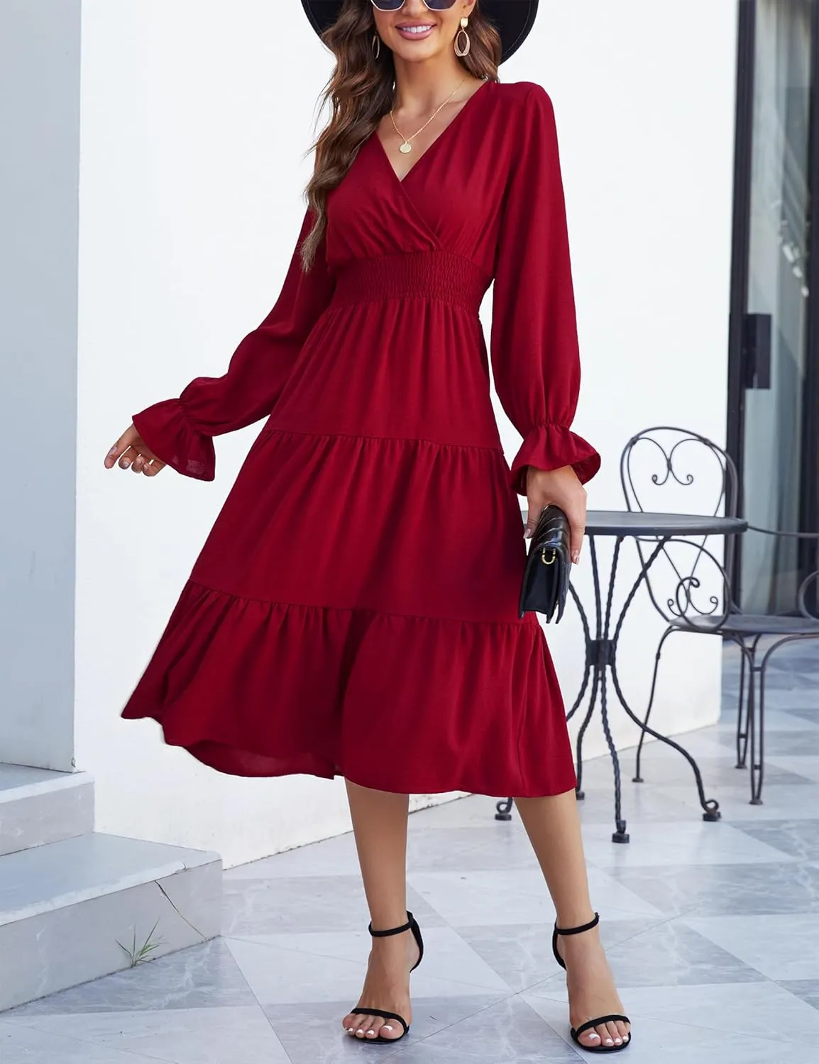 KOJOOIN Women's Casual Wrap V Neck Midi Sleeve Smocked Waist Tiered a Line Pleated Flowy Long Dress