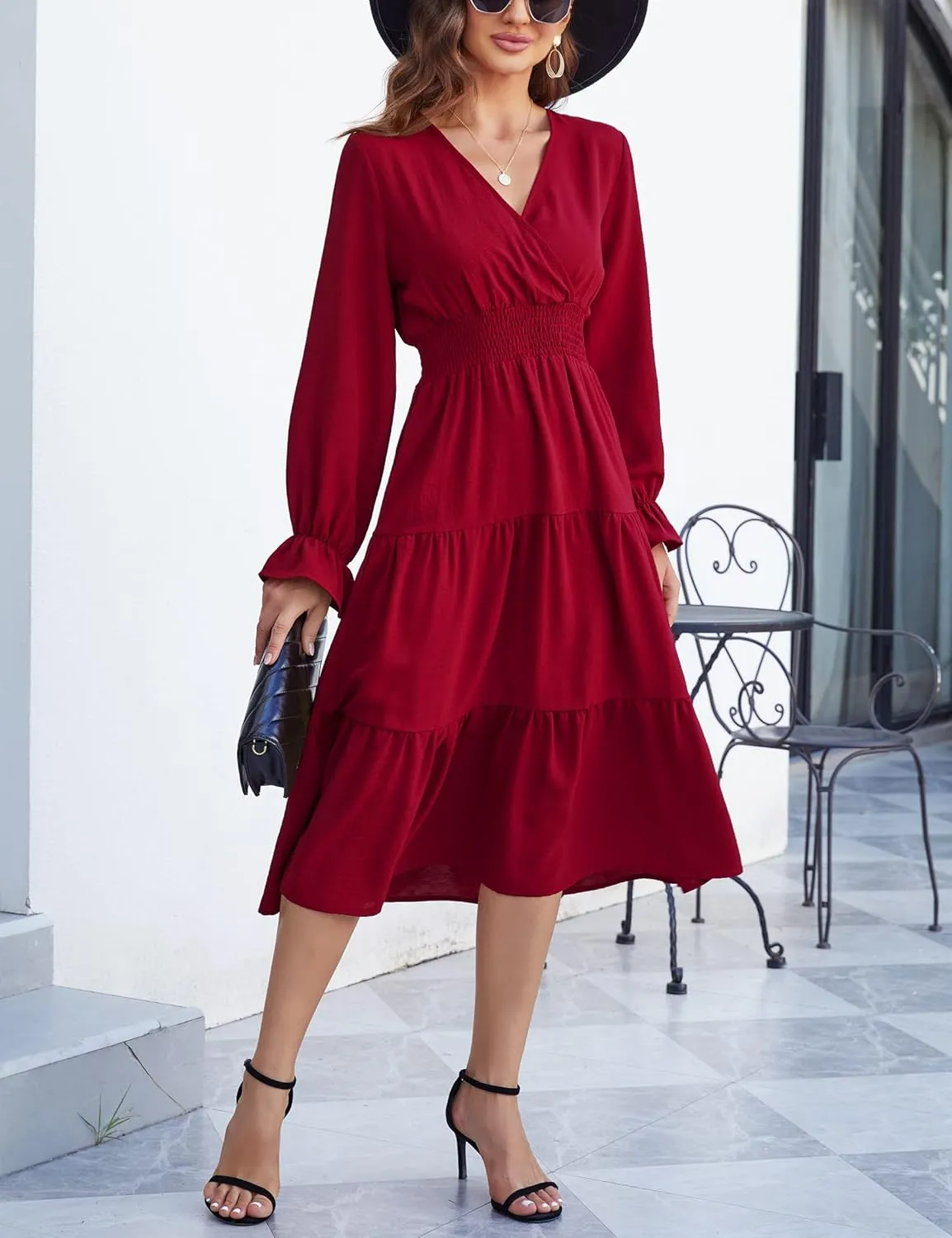 KOJOOIN Women's Casual Wrap V Neck Midi Sleeve Smocked Waist Tiered a Line Pleated Flowy Long Dress