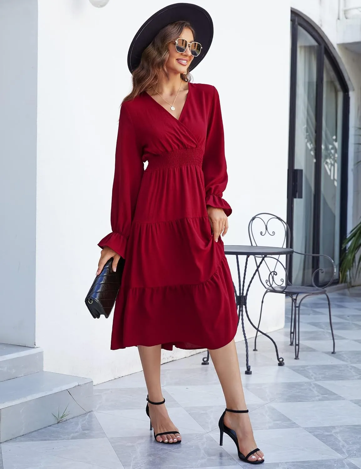 KOJOOIN Women's Casual Wrap V Neck Midi Sleeve Smocked Waist Tiered a Line Pleated Flowy Long Dress