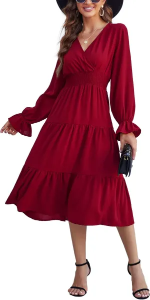 KOJOOIN Women's Casual Wrap V Neck Midi Sleeve Smocked Waist Tiered a Line Pleated Flowy Long Dress