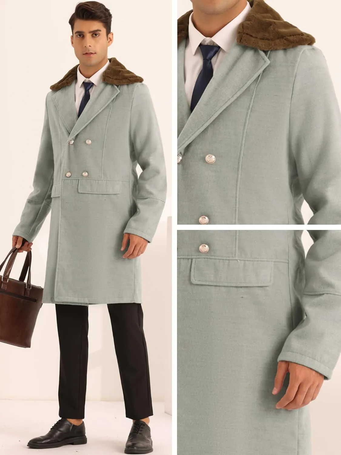 Lars Amadeus Winter Overcoat for Men's Removable Faux Fur Double Breasted Collar Trench Coat