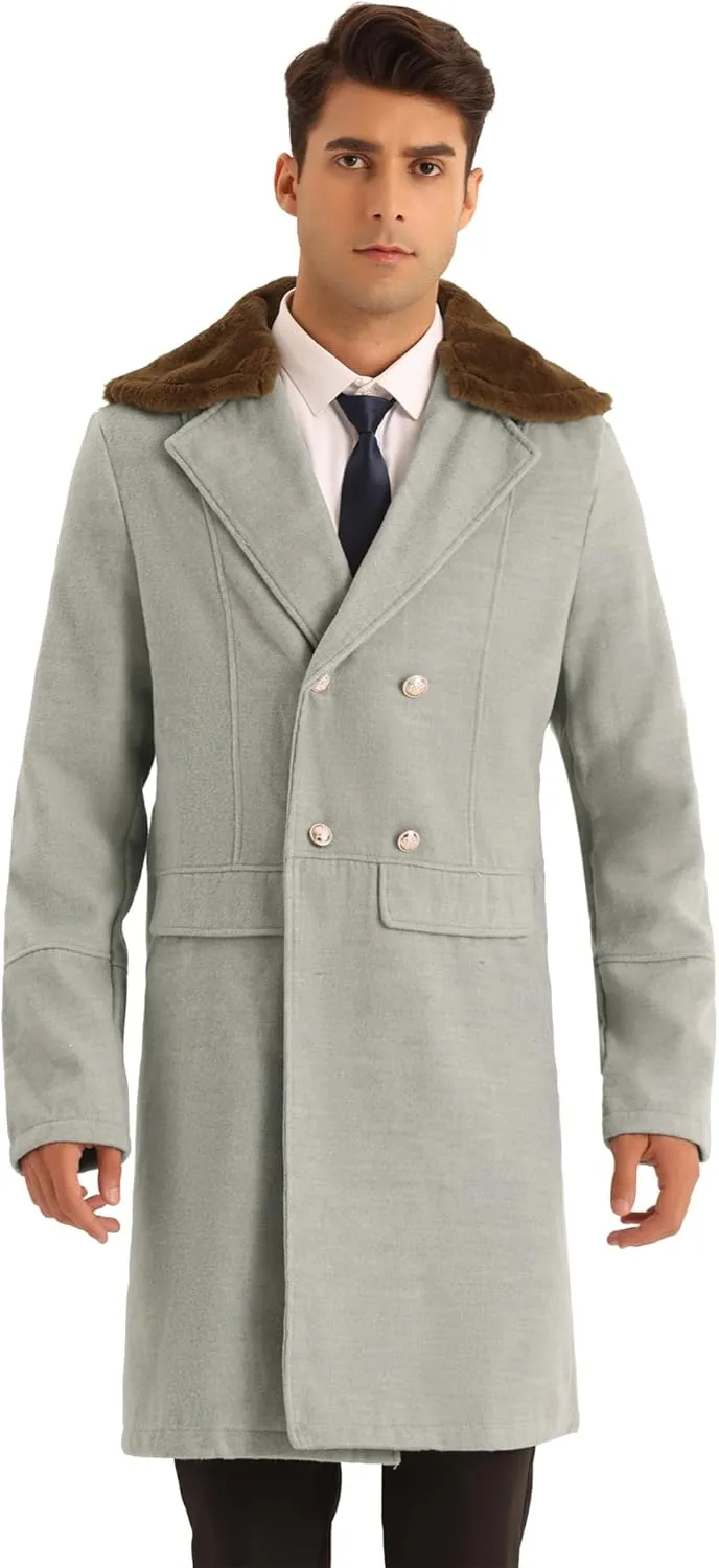 Lars Amadeus Winter Overcoat for Men's Removable Faux Fur Double Breasted Collar Trench Coat