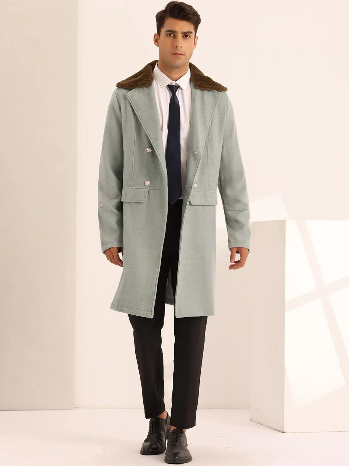 Lars Amadeus Winter Overcoat for Men's Removable Faux Fur Double Breasted Collar Trench Coat