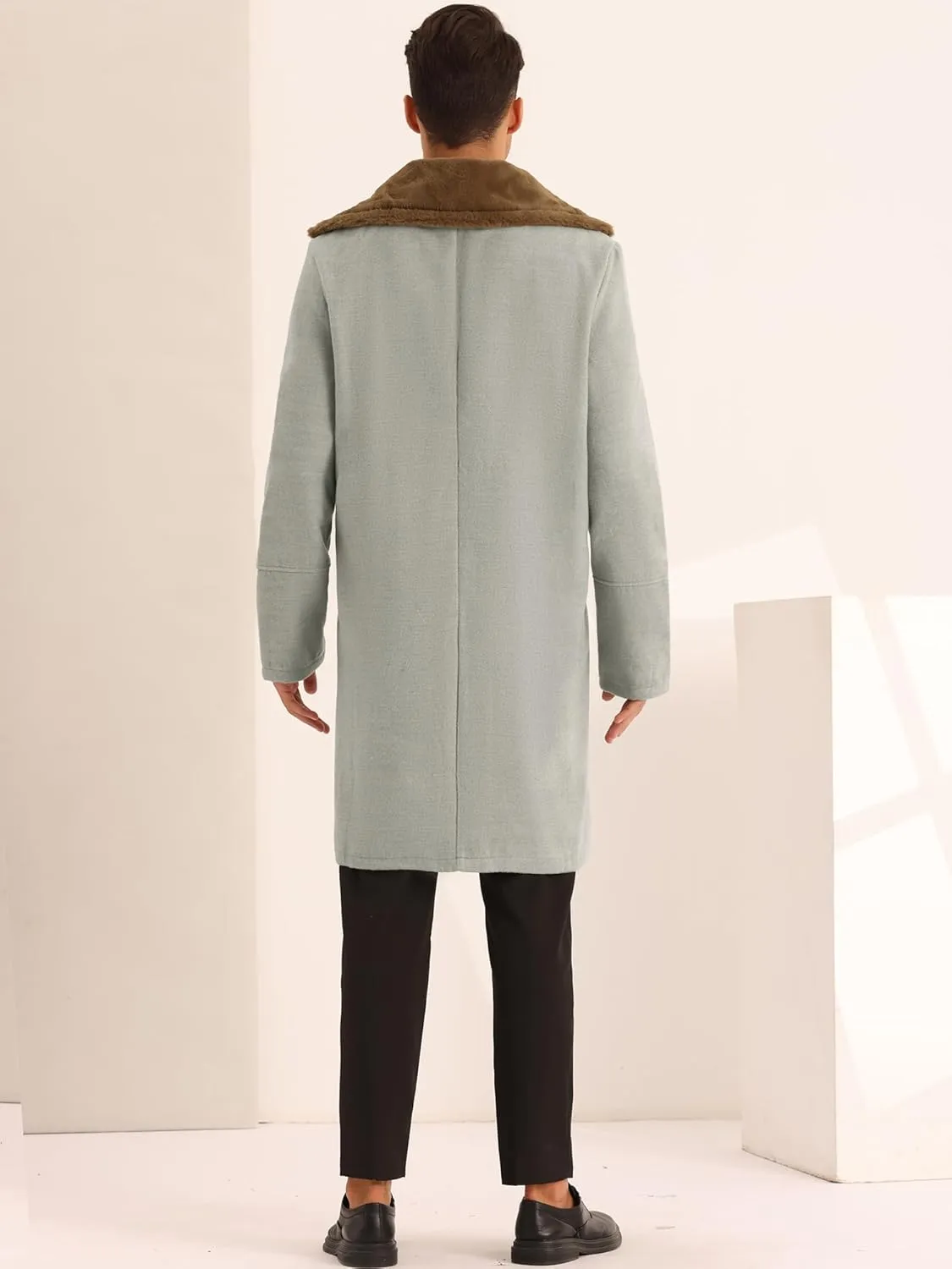 Lars Amadeus Winter Overcoat for Men's Removable Faux Fur Double Breasted Collar Trench Coat