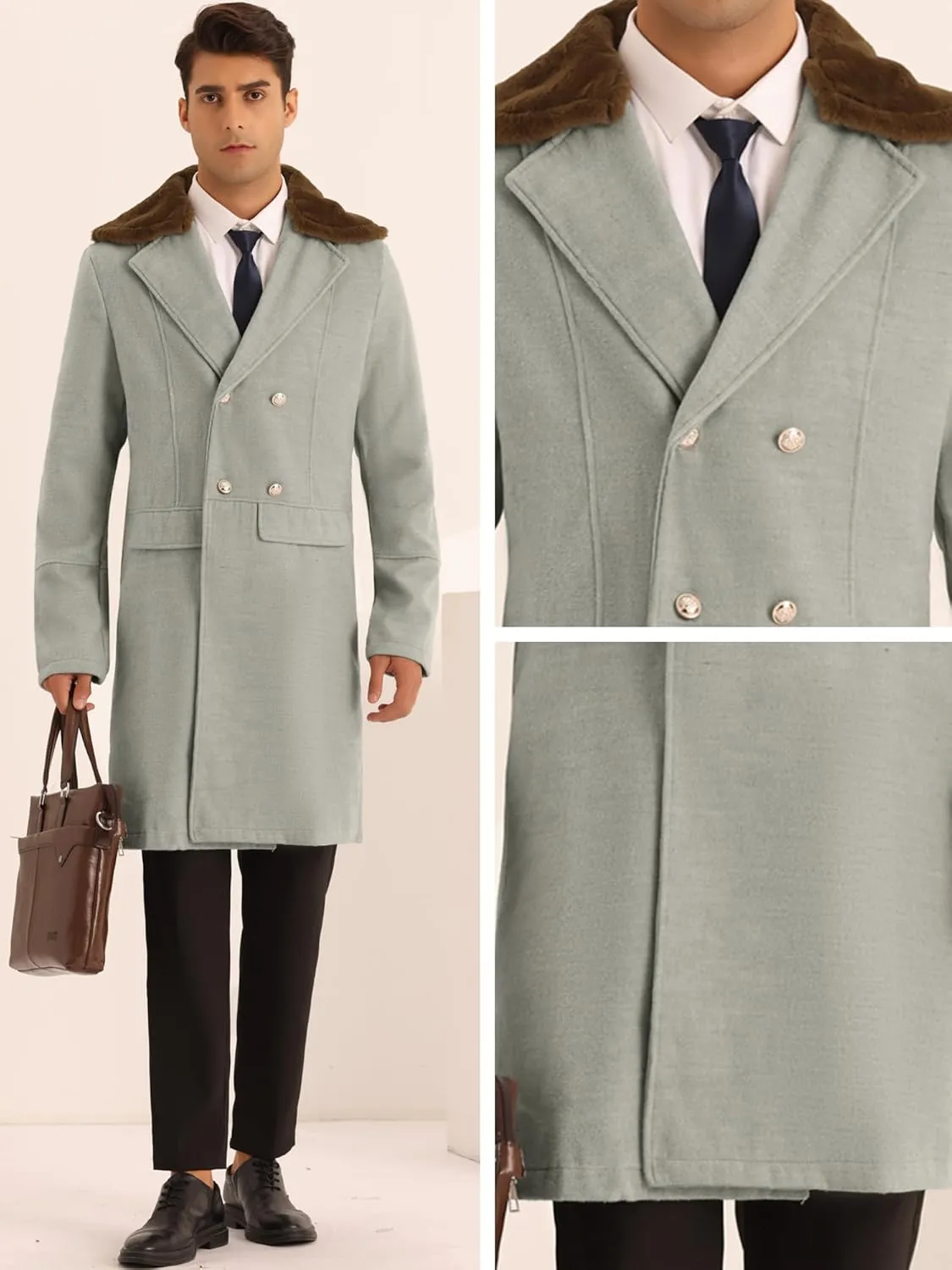 Lars Amadeus Winter Overcoat for Men's Removable Faux Fur Double Breasted Collar Trench Coat