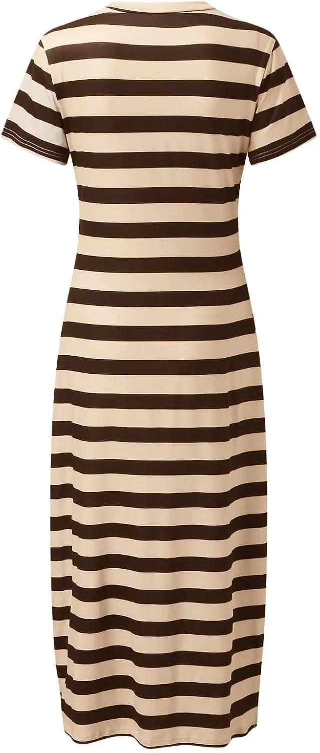 LFEOOST Women's 2024 Summer Maxi Dresses Short Sleeve V Neck Stripe Sundress Side Slit Loose Casual Long Beach T Shirt Dress