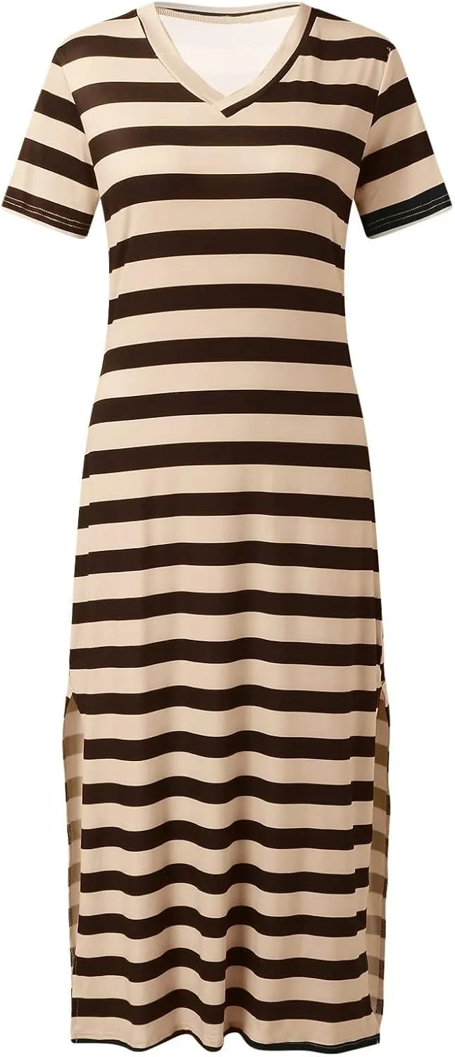 LFEOOST Women's 2024 Summer Maxi Dresses Short Sleeve V Neck Stripe Sundress Side Slit Loose Casual Long Beach T Shirt Dress
