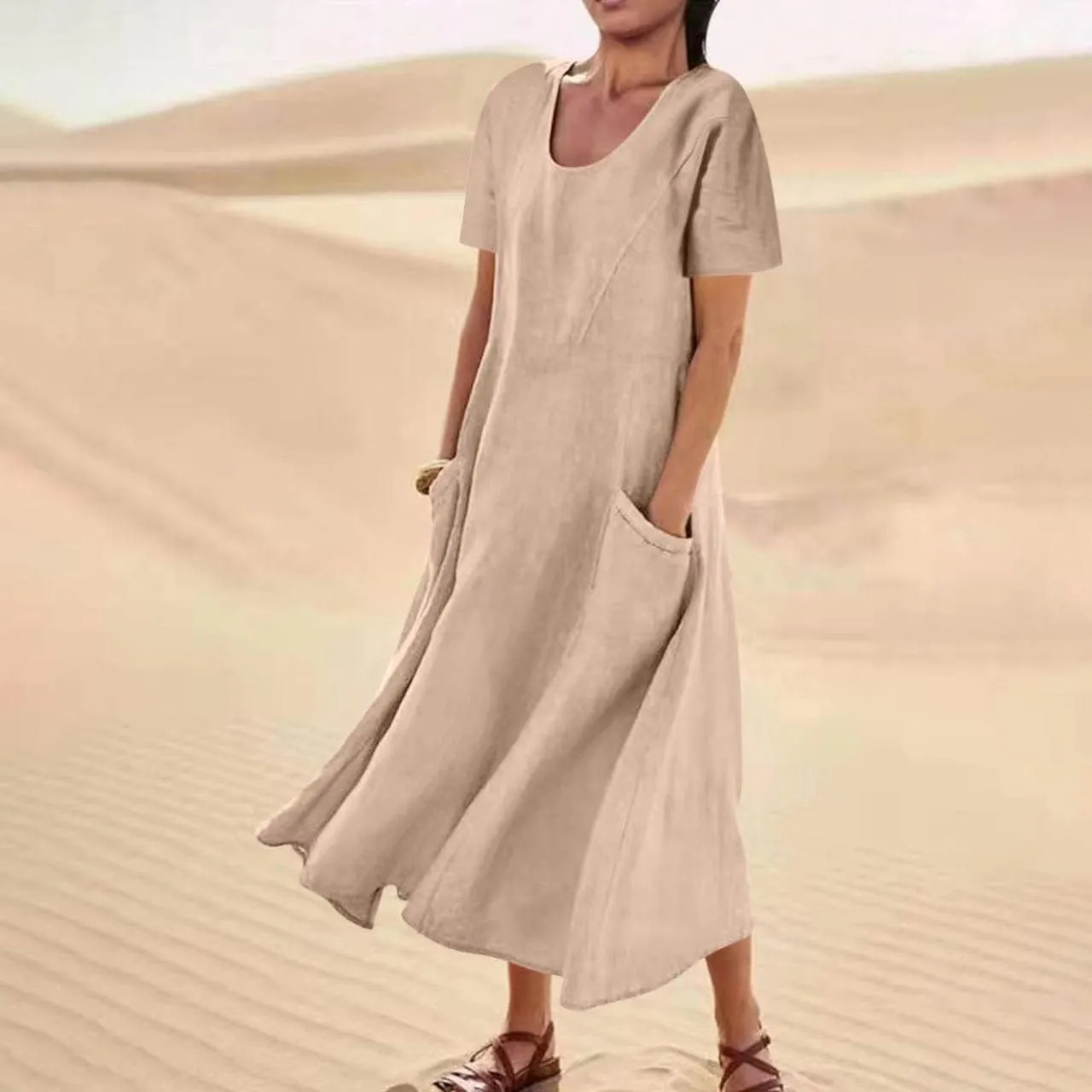 Linen Dress for Women Loose Short Sleeve Button Down Maxi Sundress Summer Comfy Solid Color Ruffle Flowy Dresses