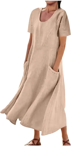 Linen Dress for Women Loose Short Sleeve Button Down Maxi Sundress Summer Comfy Solid Color Ruffle Flowy Dresses