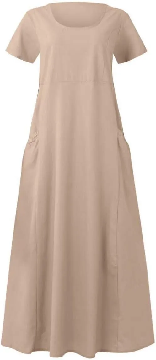 Linen Dress for Women Loose Short Sleeve Button Down Maxi Sundress Summer Comfy Solid Color Ruffle Flowy Dresses
